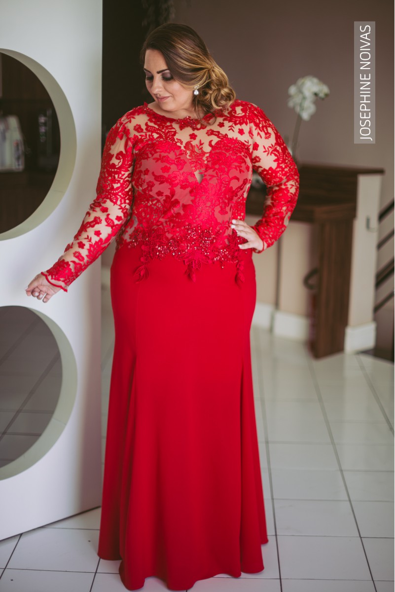 Vestido de Festa Plus Size – Vermelho de mangas longas - Josephine Noivas